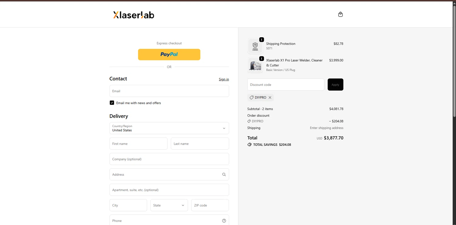 Xlaserlab checkout page showing Xlaserlab promo code box | Screenshot taken by SimplyCodes community member on Jan 10, 2026