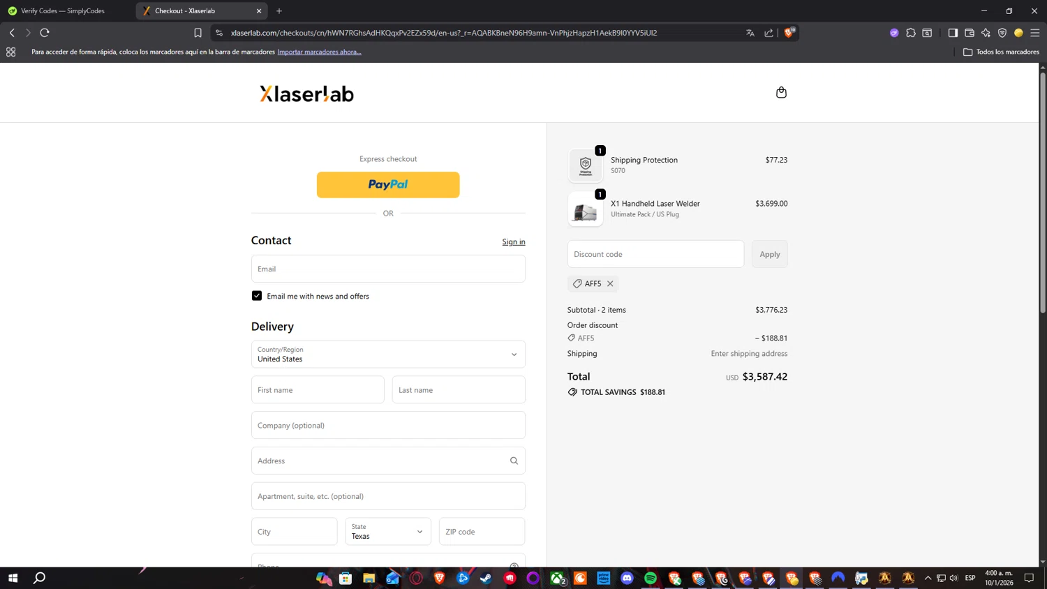 Xlaserlab promo code screenshot showing code AFF5 applied at Xlaserlab checkout page. Uploaded by SimplyCodes community member RickelHumilde on Jan 10, 2026