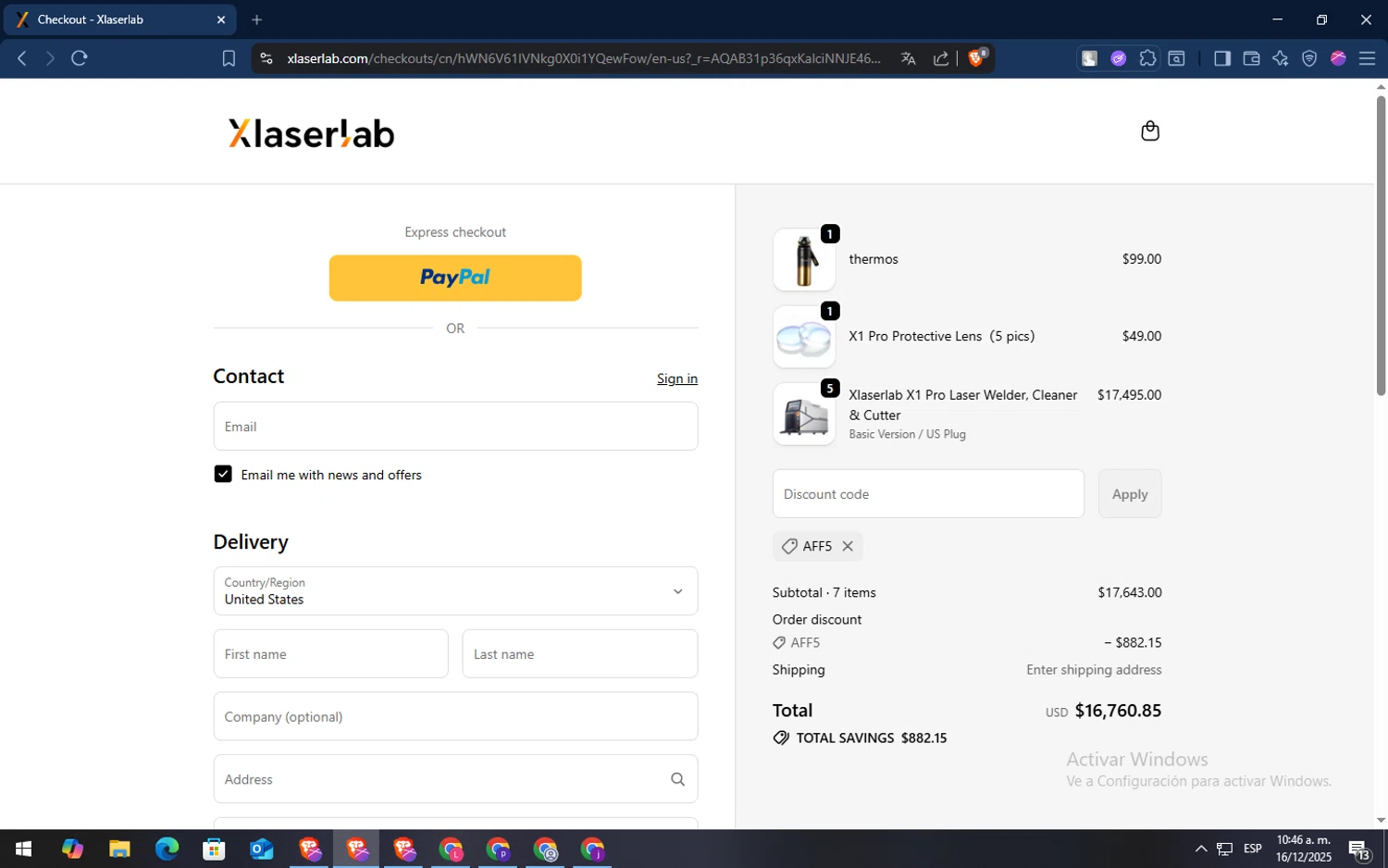 Xlaserlab promo code screenshot showing code AFF5 applied at Xlaserlab checkout page. Uploaded by SimplyCodes community member TokenSaver1205 on Dec 16, 2025