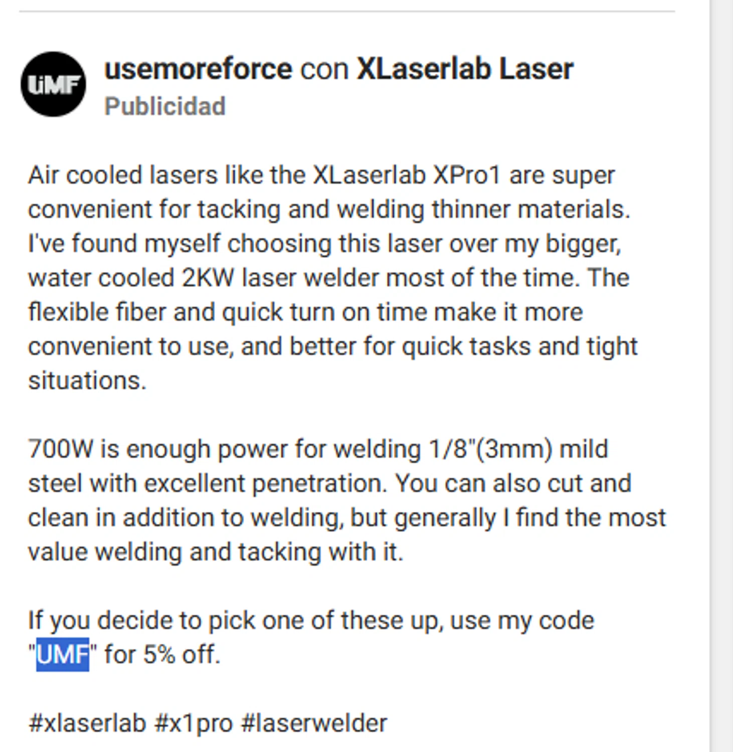 Xlaserlab promo code screenshot showing code UMF applied at Xlaserlab checkout page. Uploaded by SimplyCodes community member antonietarodriguez96 on Dec 3, 2025