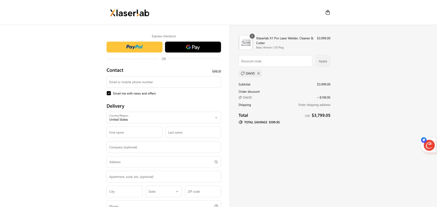 Xlaserlab promo code screenshot showing code DAVID applied at Xlaserlab checkout page. Uploaded by SimplyCodes community member ivantorres on Aug 13, 2025