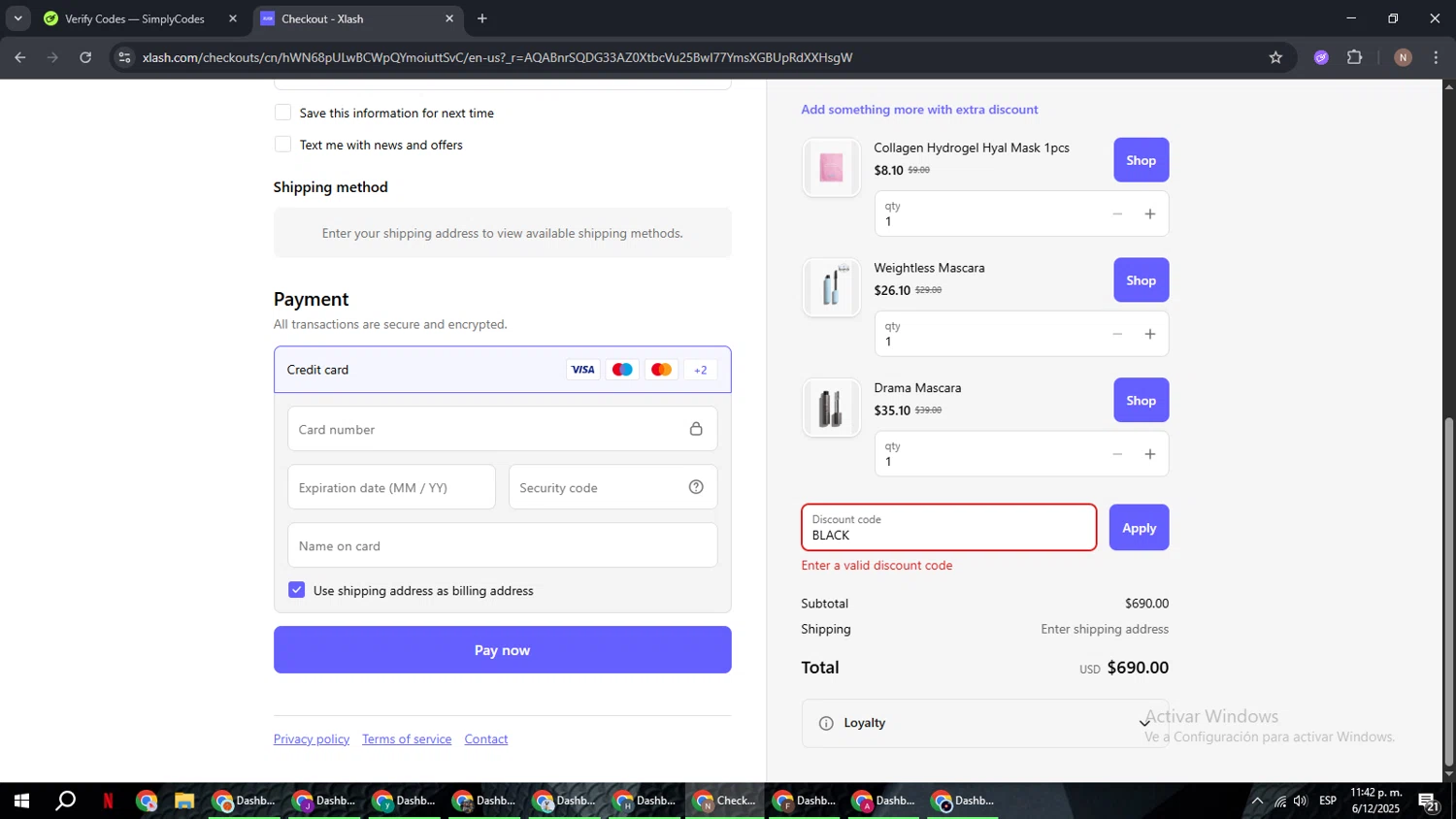 Xlash discount code screenshot showing code BLACK applied at Xlash checkout page. Uploaded by SimplyCodes community member DiscountPioneer2554 on Dec 7, 2025