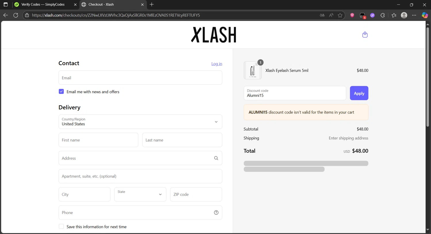 Xlash discount code screenshot showing code Alumni15 applied at Xlash checkout page. Uploaded by SimplyCodes community member PedriGonzalez on Jun 23, 2025