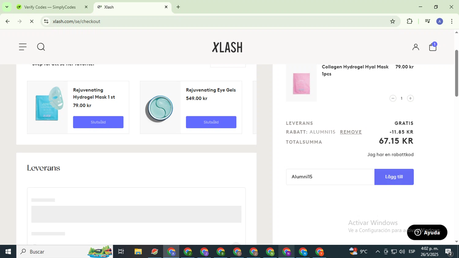 Xlash discount code screenshot showing code Alumni15 applied at Xlash checkout page. Uploaded by SimplyCodes community member TreasureCaptain5531 on May 26, 2025