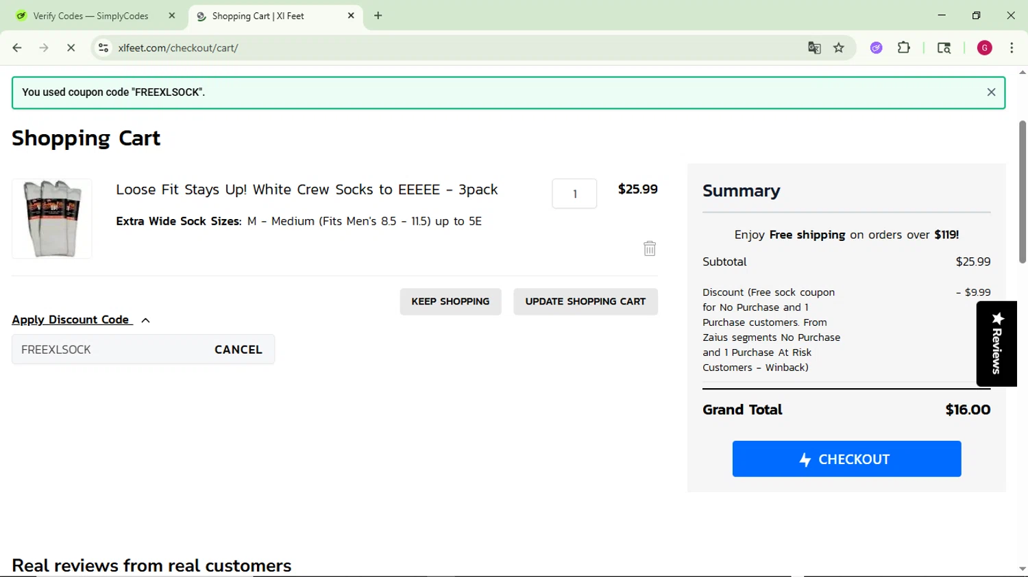 XLFeet coupon code screenshot showing code FREEXLSOCK applied at XLFeet checkout page. Uploaded by SimplyCodes community member CrownFinder3074 on Jun 30, 2025