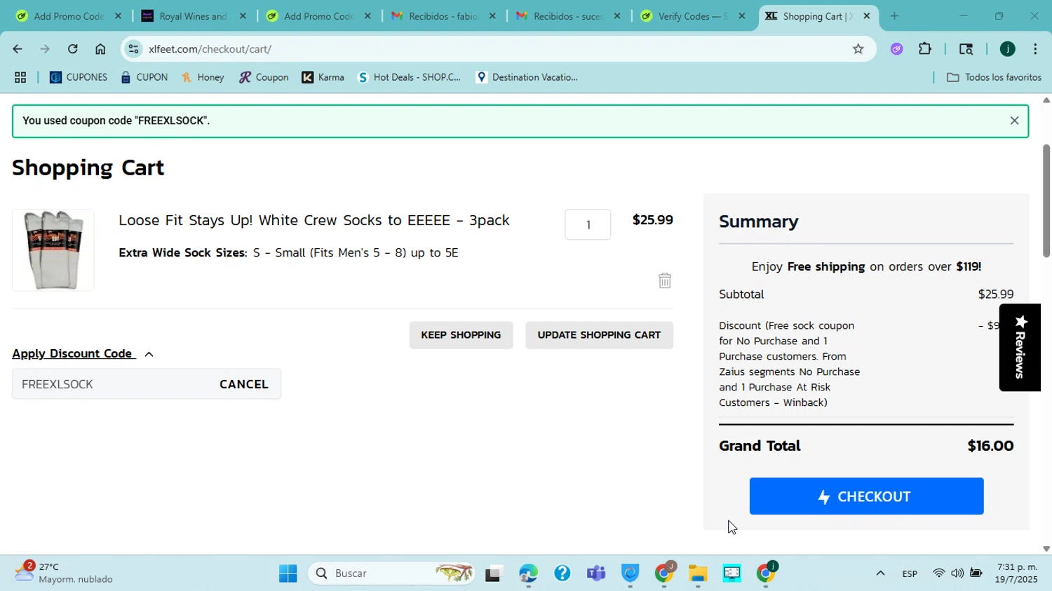 XLFeet coupon code screenshot showing code FREEXLSOCK applied at XLFeet checkout page. Uploaded by SimplyCodes community member jorgejavierherrera on Jul 19, 2025