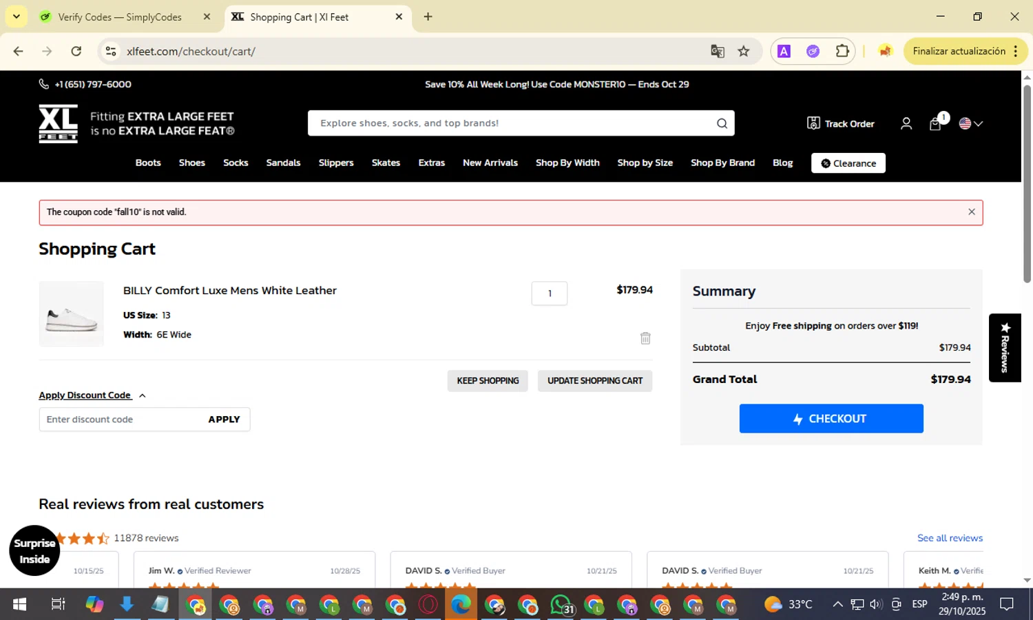 XLFeet coupon code screenshot showing code fall10 applied at XLFeet checkout page. Uploaded by SimplyCodes community member NobleMonarch1787 on Oct 29, 2025