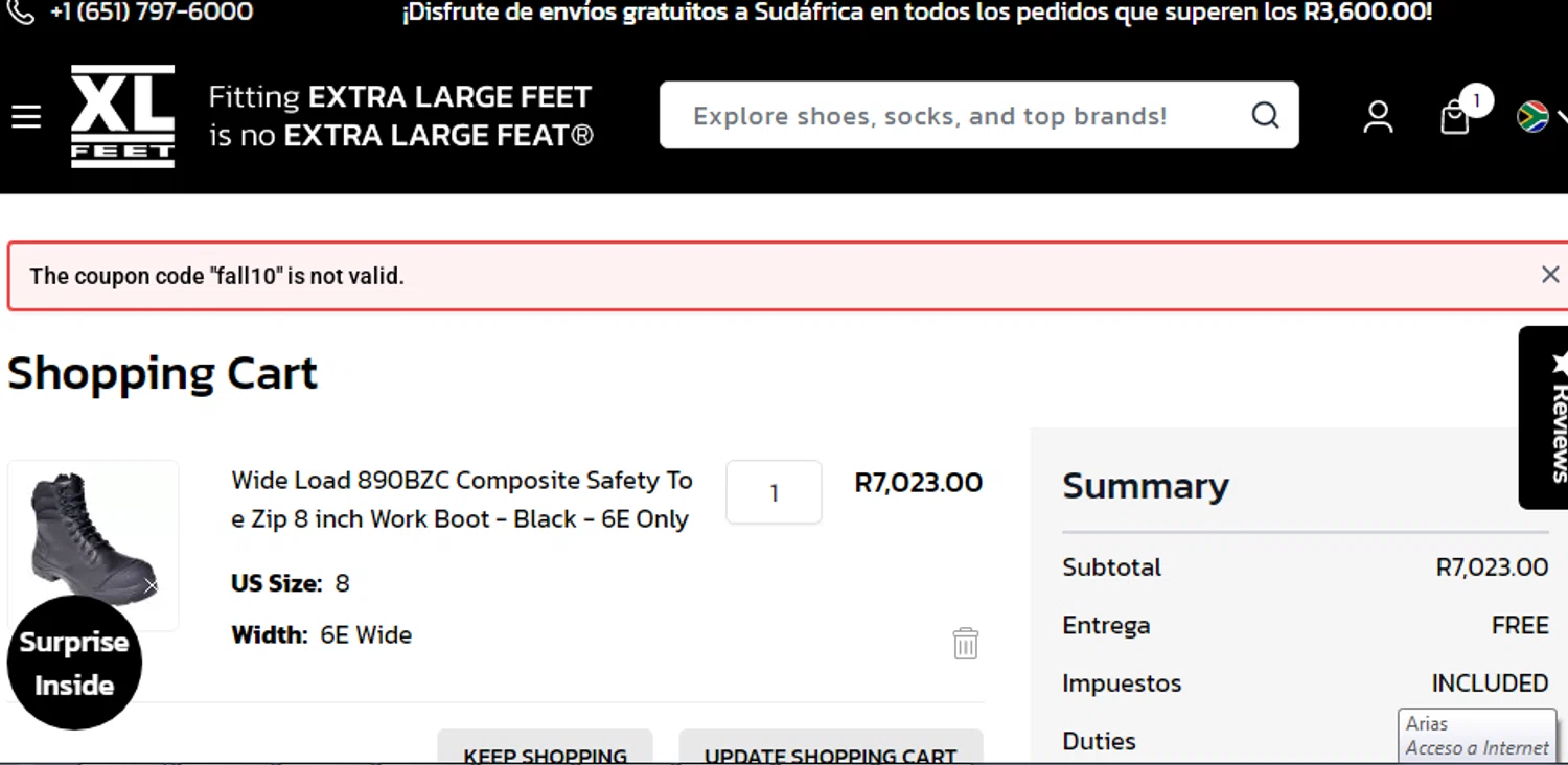 XLFeet coupon code screenshot showing code fall10 applied at XLFeet checkout page. Uploaded by SimplyCodes community member veronicaarias on Oct 29, 2025