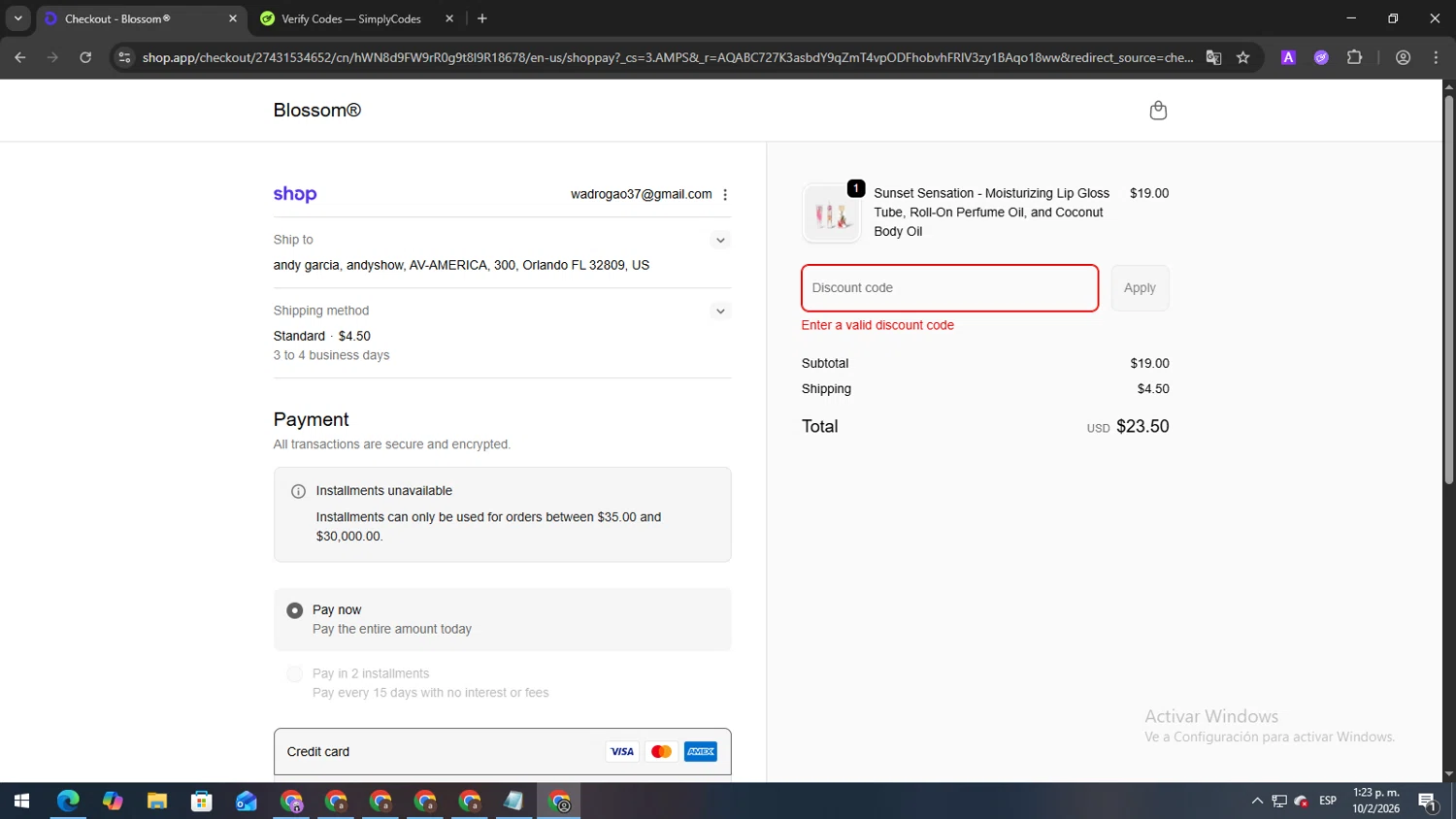 XLFeet coupon code screenshot showing code BRRR10 applied at XLFeet checkout page. Uploaded by SimplyCodes community member Andygar on Feb 10, 2026