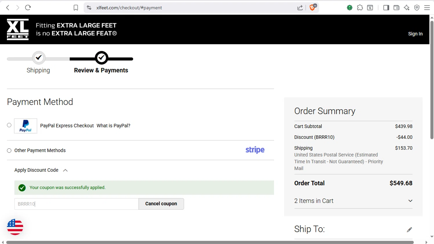 XLFeet checkout page showing XLFeet coupon code box | Screenshot taken by SimplyCodes community member on Jan 24, 2026