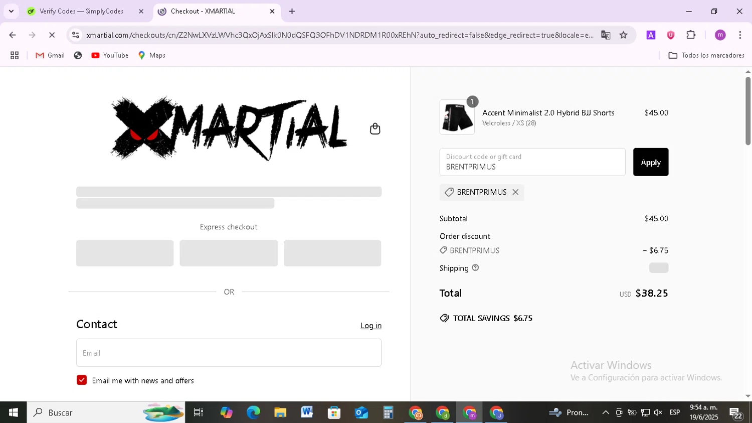 XMartial discount code screenshot showing code BRENTPRIMUS applied at XMartial checkout page. Uploaded by SimplyCodes community member BudgetMonarch8952 on Jun 19, 2025