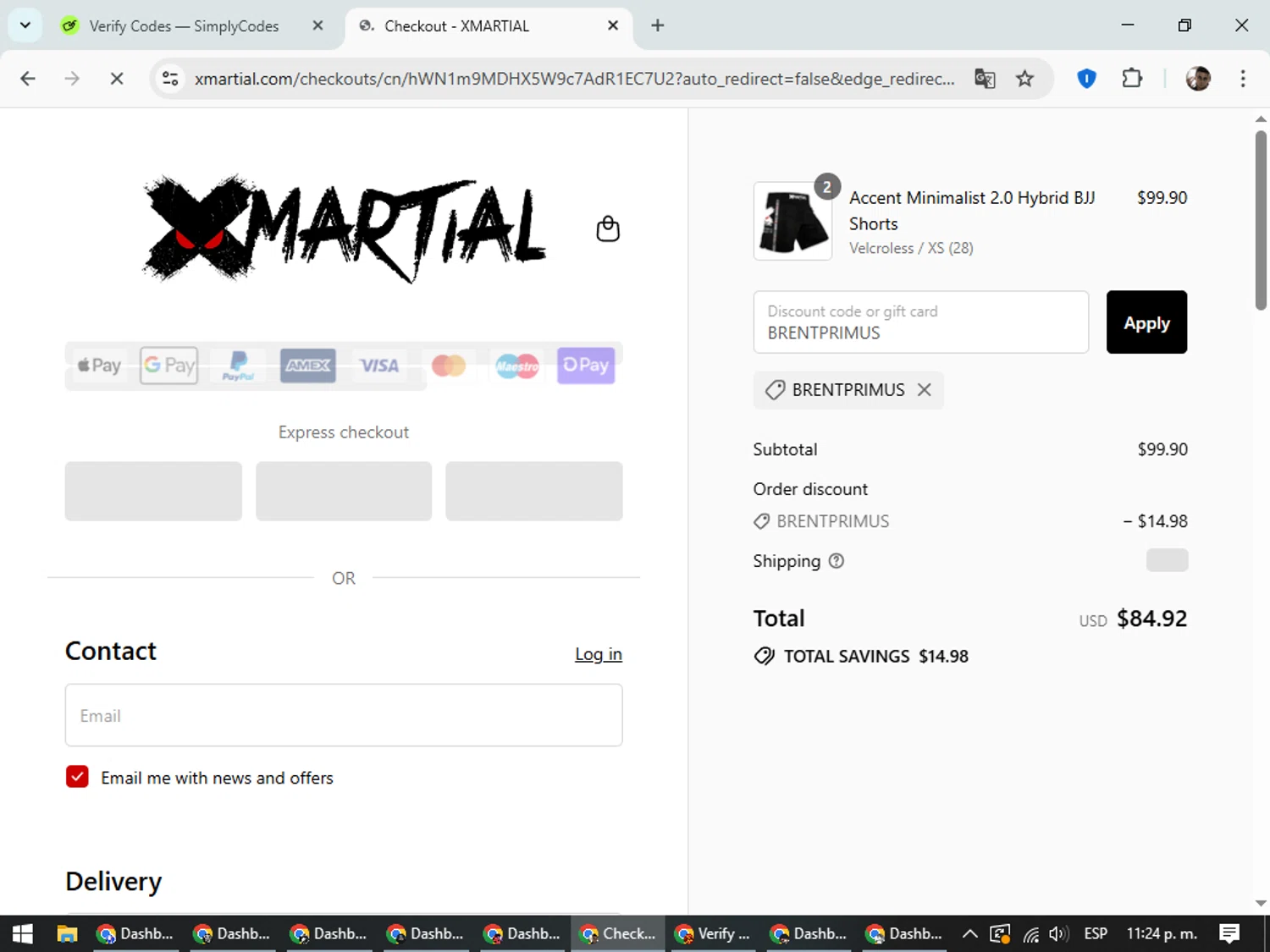XMartial discount code screenshot showing code BRENTPRIMUS applied at XMartial checkout page. Uploaded by SimplyCodes community member DiscountSeeker682 on Aug 14, 2025