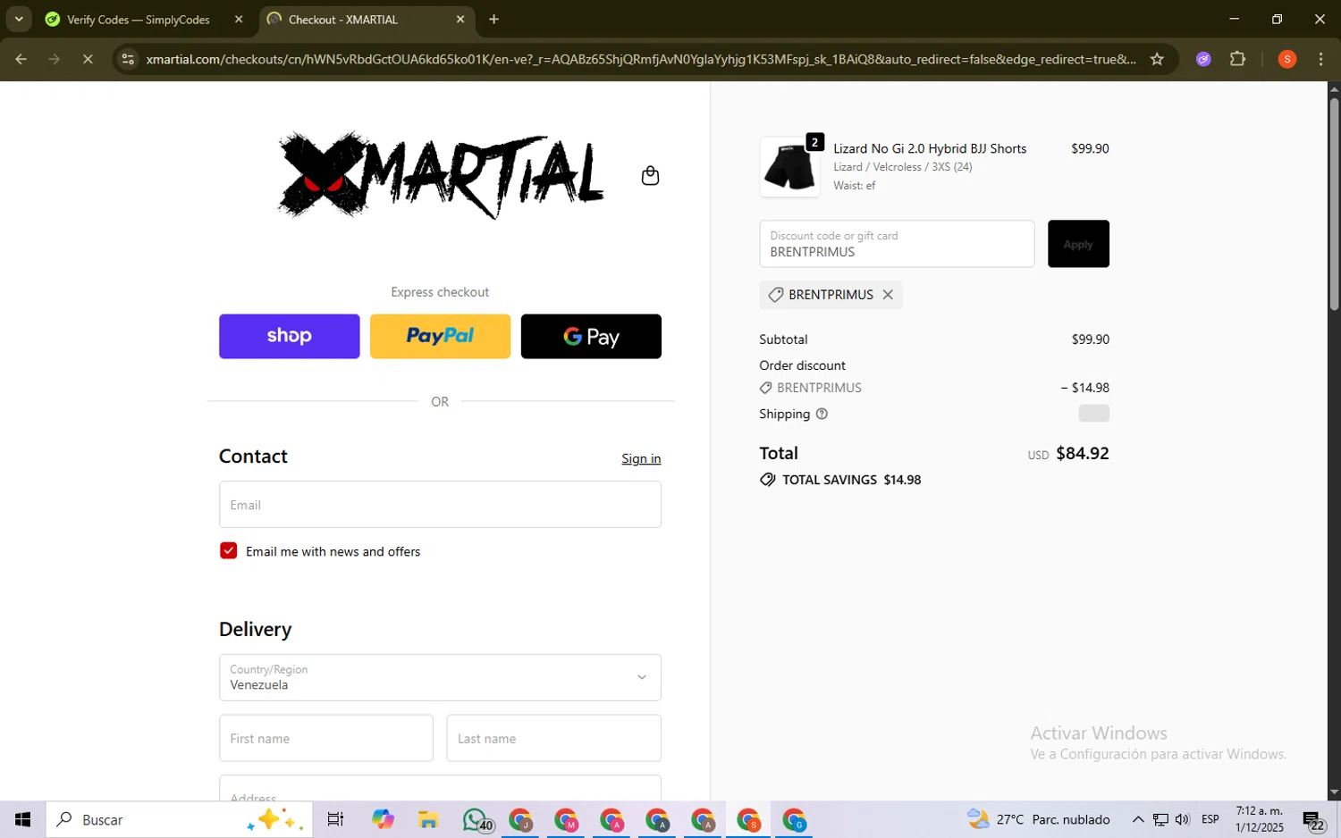 XMartial discount code screenshot showing code BRENTPRIMUS applied at XMartial checkout page. Uploaded by SimplyCodes community member ScanKnight8857 on Dec 1, 2025