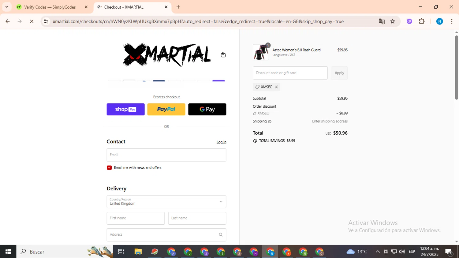 XMartial discount code screenshot showing code XMSEO applied at XMartial checkout page. Uploaded by SimplyCodes community member CoinHawk678 on Jul 24, 2025