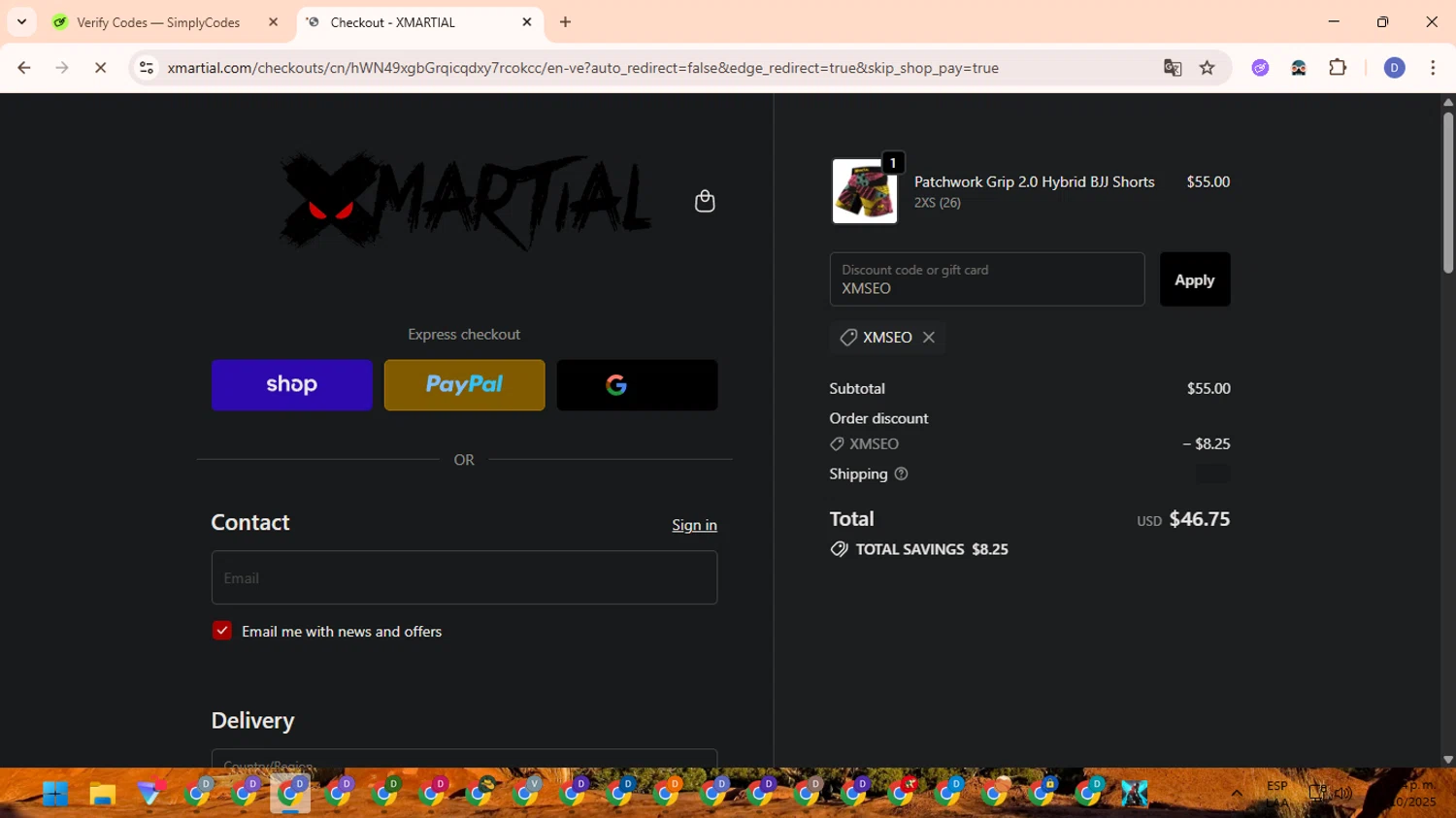 XMartial discount code screenshot showing code XMSEO applied at XMartial checkout page. Uploaded by SimplyCodes community member RewardOwl5959 on Oct 15, 2025