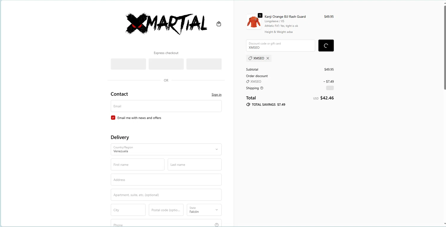 XMartial discount code screenshot showing code XMSEO applied at XMartial checkout page. Uploaded by SimplyCodes community member STEVE20 on Oct 8, 2025