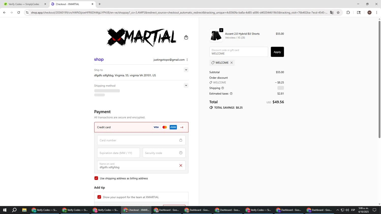 XMartial discount code screenshot showing code WELCOME applied at XMartial checkout page. Uploaded by SimplyCodes community member KTMCRF on Oct 4, 2025