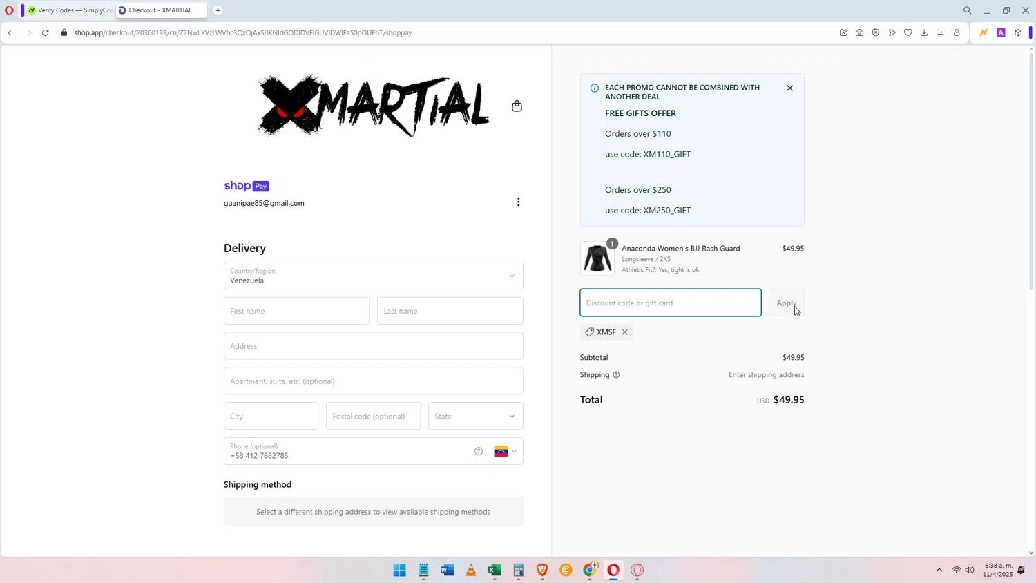 XMartial discount code screenshot showing code XMSF applied at XMartial checkout page. Uploaded by SimplyCodes community member Darkosukaru on Apr 11, 2025