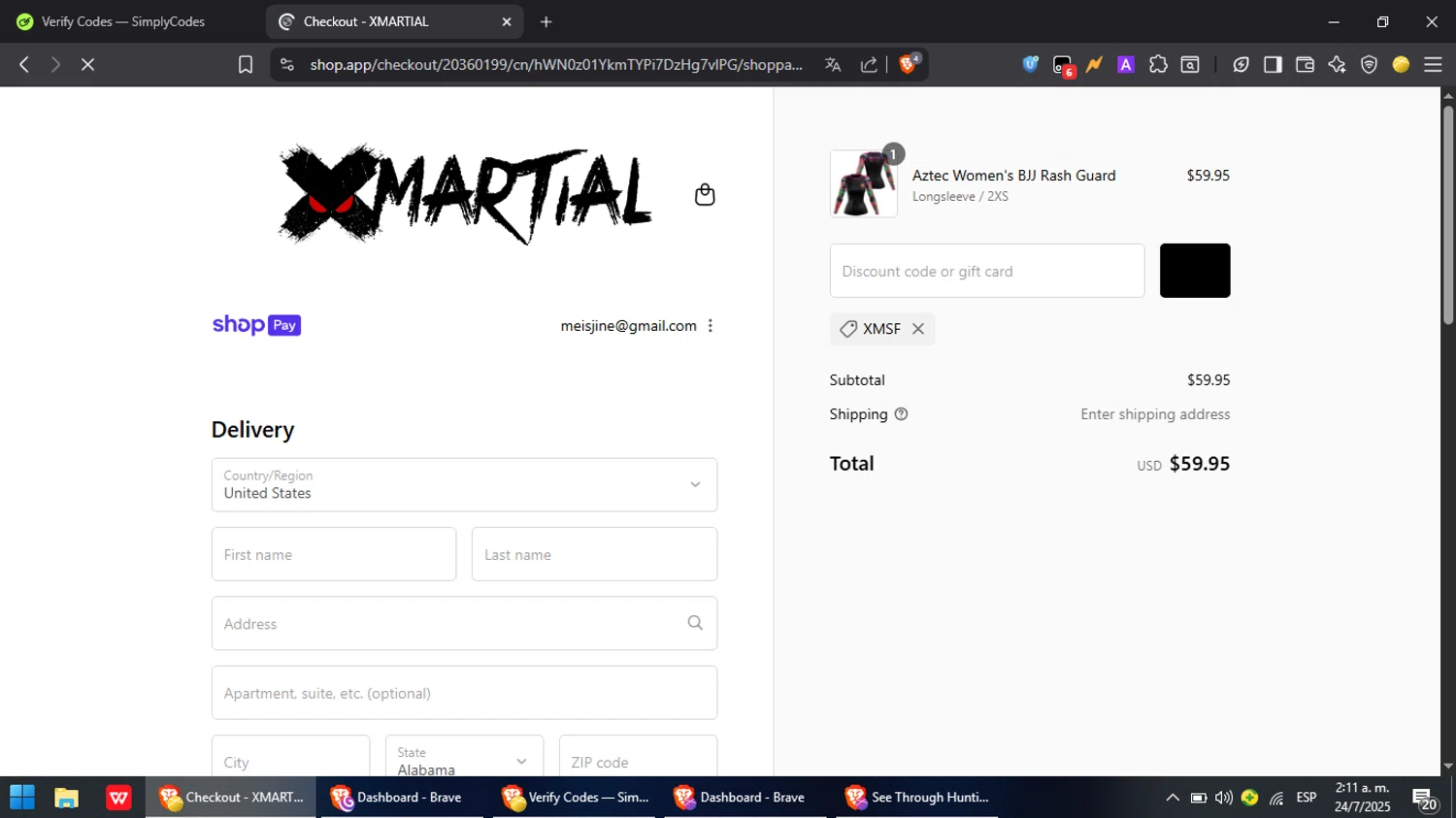 XMartial discount code screenshot showing code XMSF applied at XMartial checkout page. Uploaded by SimplyCodes community member MoneyPilot9165 on Jul 24, 2025