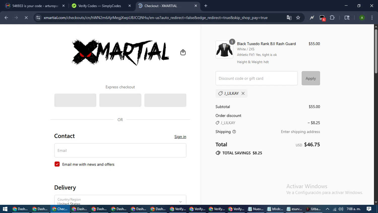 XMartial discount code screenshot showing code J_LILKAY applied at XMartial checkout page. Uploaded by SimplyCodes community member CashLynx5338 on Sep 9, 2025