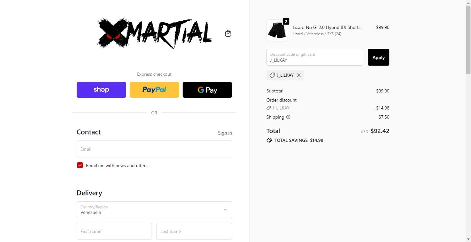 XMartial discount code screenshot showing code J_LILKAY applied at XMartial checkout page. Uploaded by SimplyCodes community member ShieldLion4225 on Dec 6, 2025