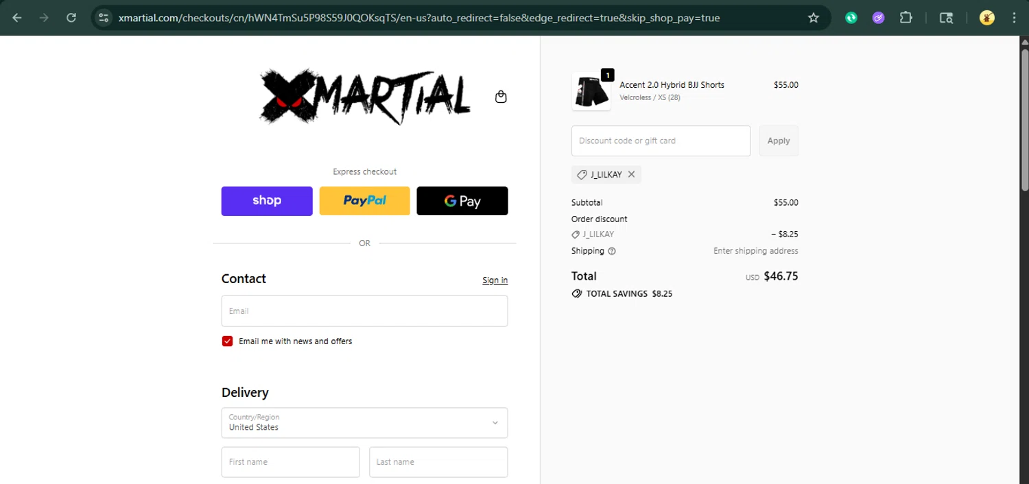 XMartial discount code screenshot showing code J_LILKAY applied at XMartial checkout page. Uploaded by SimplyCodes community member xaswqe on Oct 24, 2025