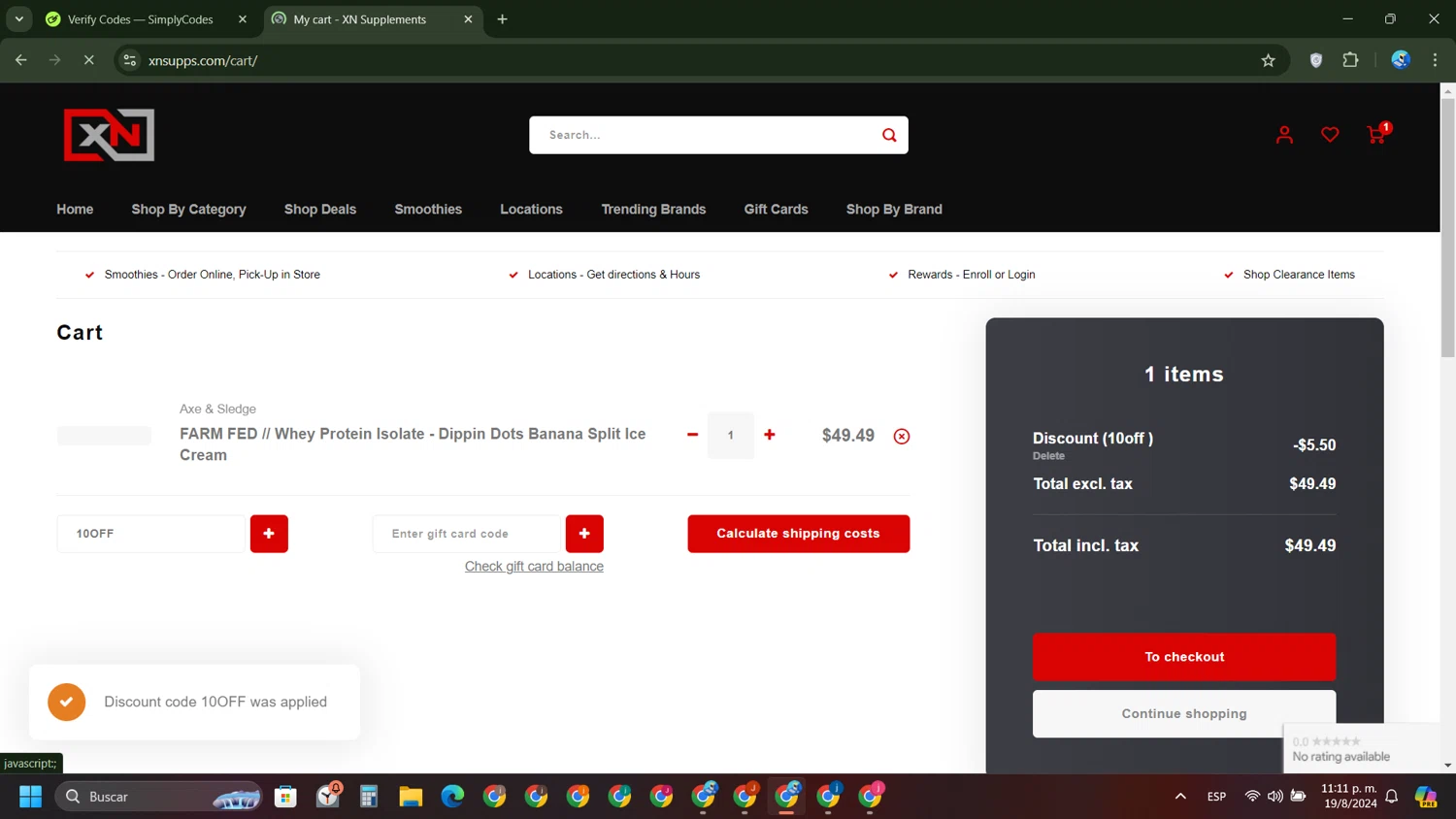 XN Supplements checkout page showing XN Supplements discount code box | Screenshot taken by SimplyCodes community member on Aug 20, 2024