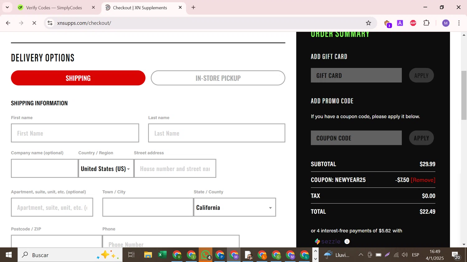 XN Supplements checkout page showing XN Supplements discount code box | Screenshot taken by SimplyCodes community member on Jan 4, 2025