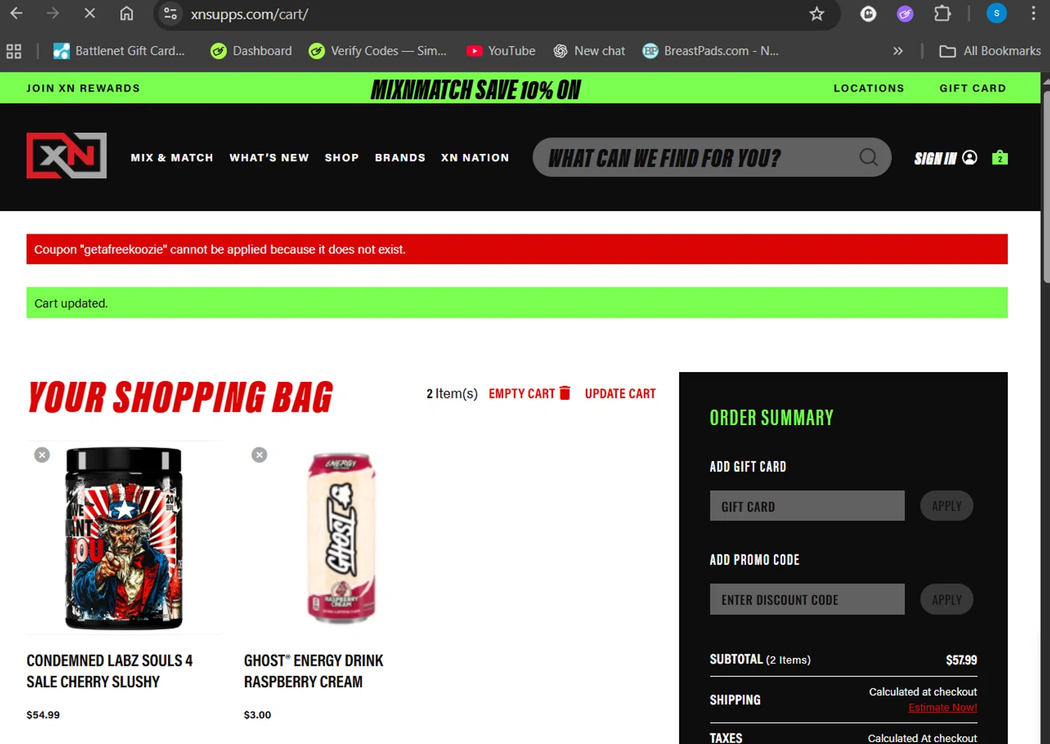 XN Supplements discount code screenshot showing code GETAFREEKOOZIE applied at XN Supplements checkout page. Uploaded by SimplyCodes community member Giyuuu on Sep 26, 2025