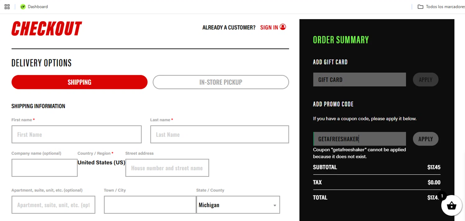XN Supplements discount code screenshot showing code GETAFREESHAKER applied at XN Supplements checkout page. Uploaded by SimplyCodes community member Speedy on Sep 26, 2025