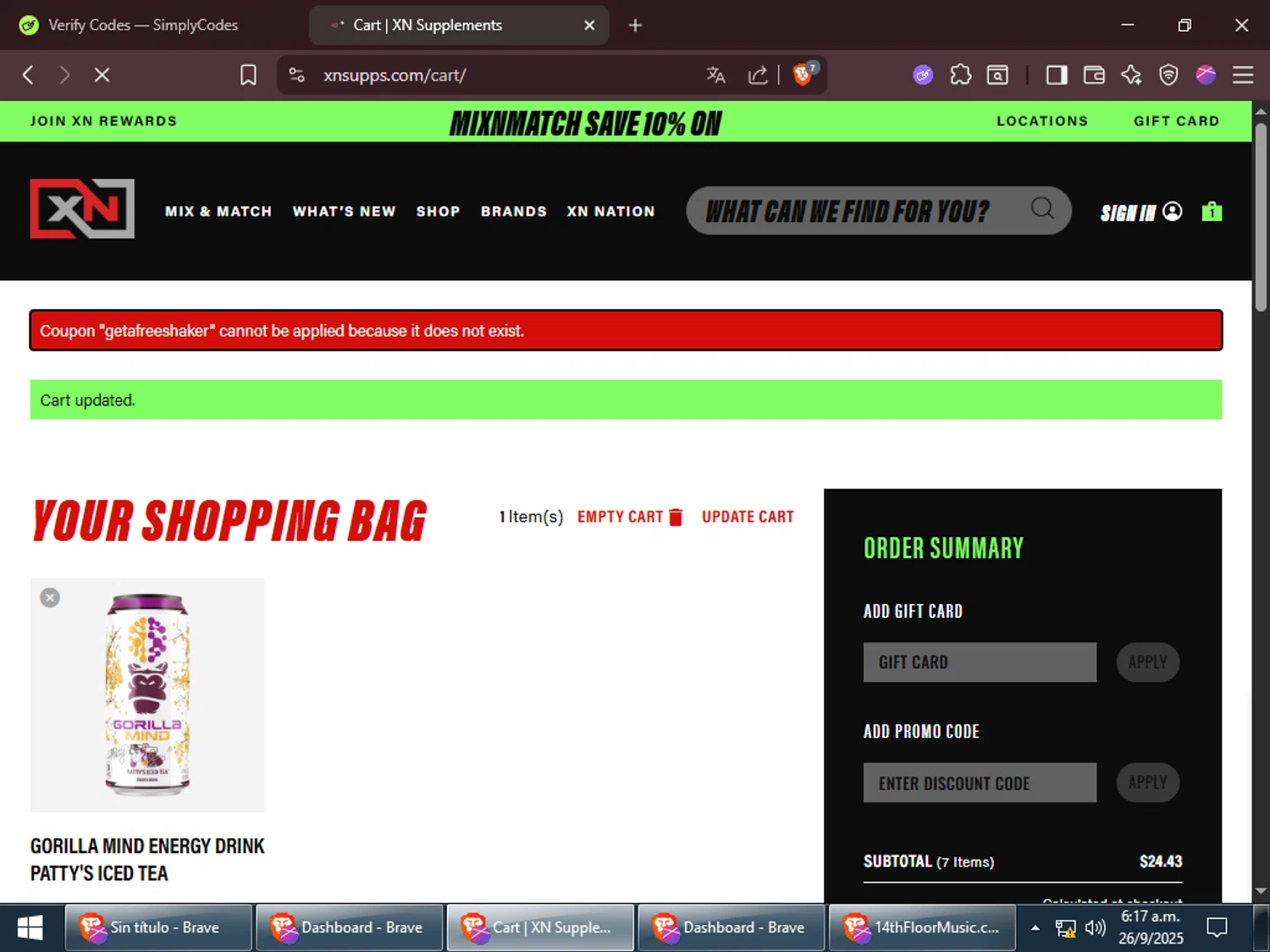 XN Supplements discount code screenshot showing code GETAFREESHAKER applied at XN Supplements checkout page. Uploaded by SimplyCodes community member TreasureTitan9744 on Sep 26, 2025