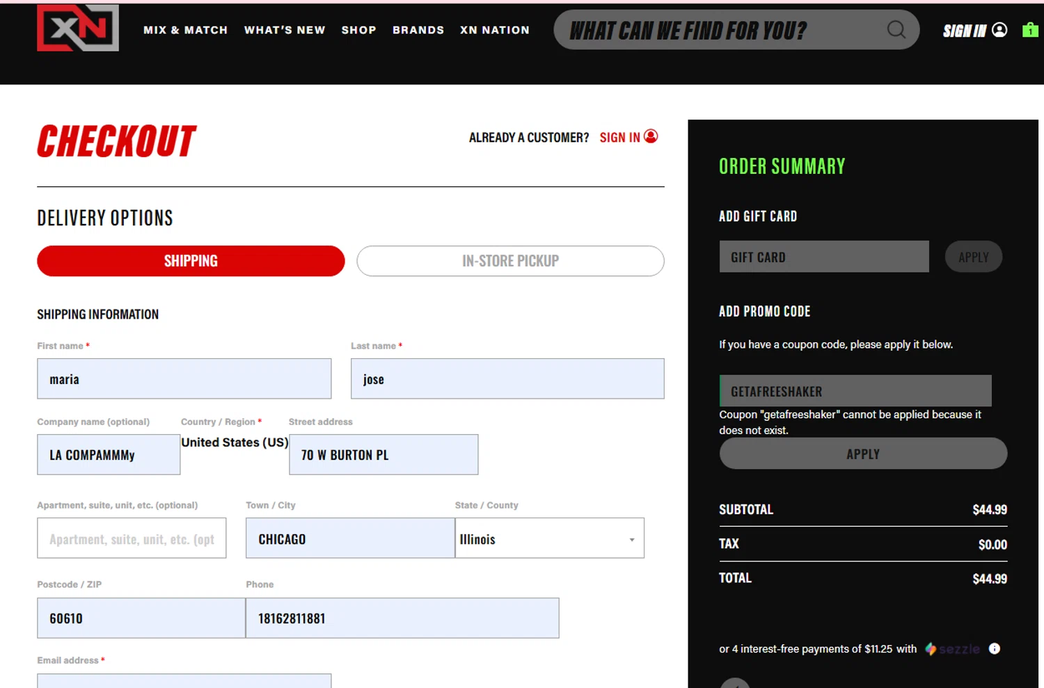 XN Supplements discount code screenshot showing code GETAFREESHAKER applied at XN Supplements checkout page. Uploaded by SimplyCodes community member perrasimplera on Sep 26, 2025