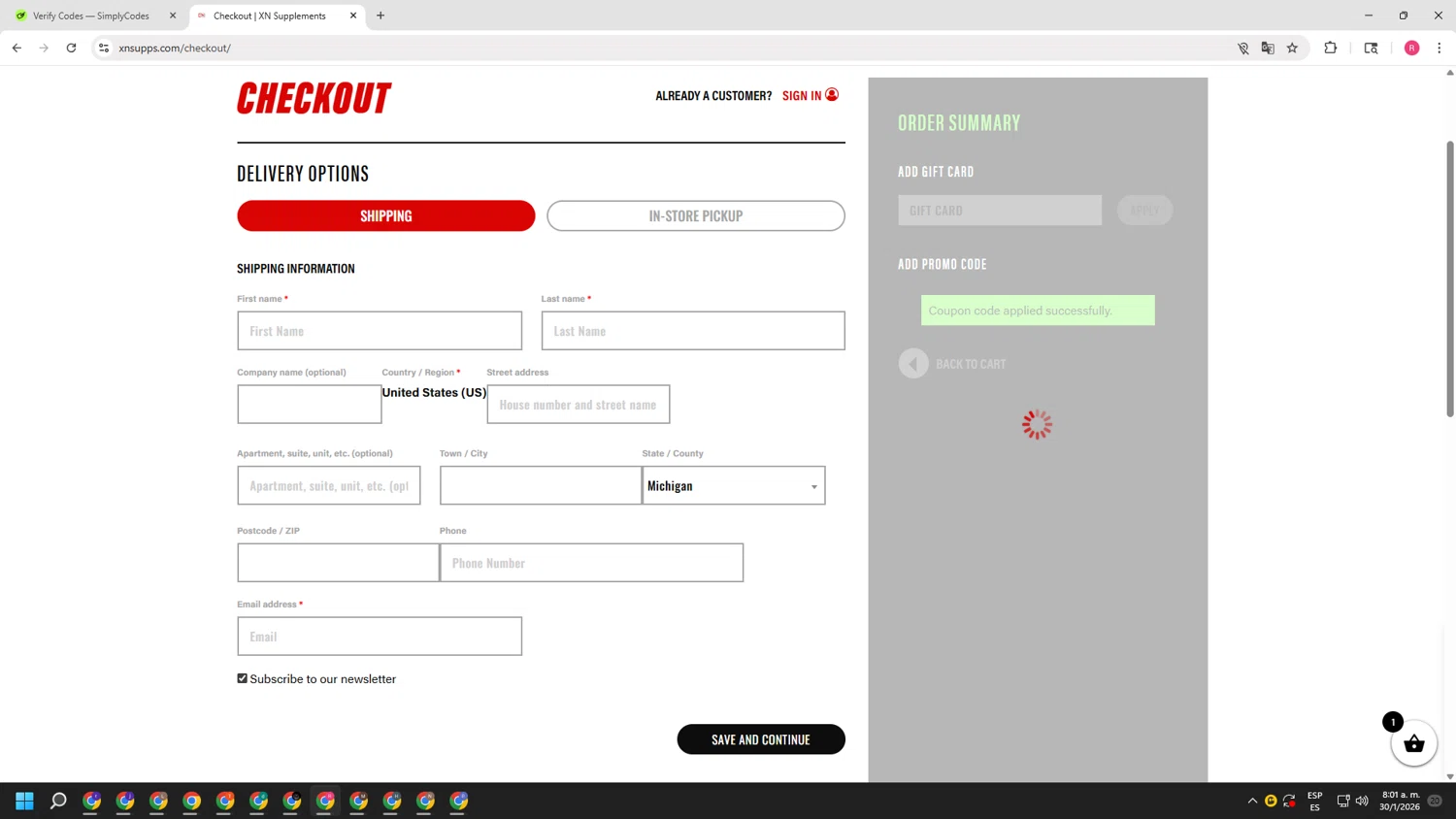 XN Supplements checkout page showing XN Supplements discount code box | Screenshot taken by SimplyCodes community member on Jan 30, 2026