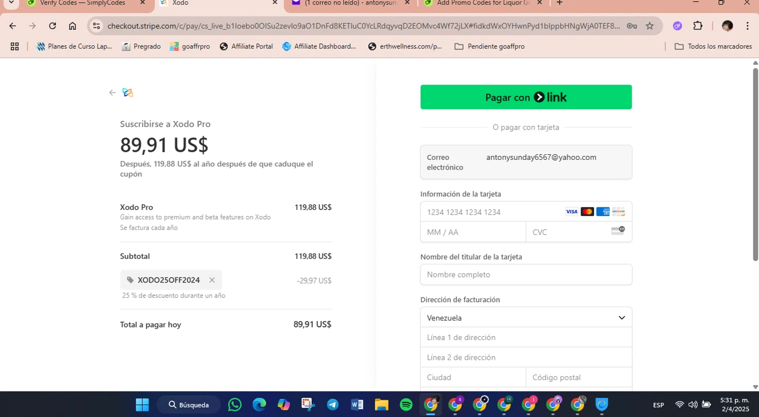 XODO promo code screenshot showing code XODO25OFF2024 applied at XODO checkout page. Uploaded by SimplyCodes community member luisaballera on Apr 2, 2025
