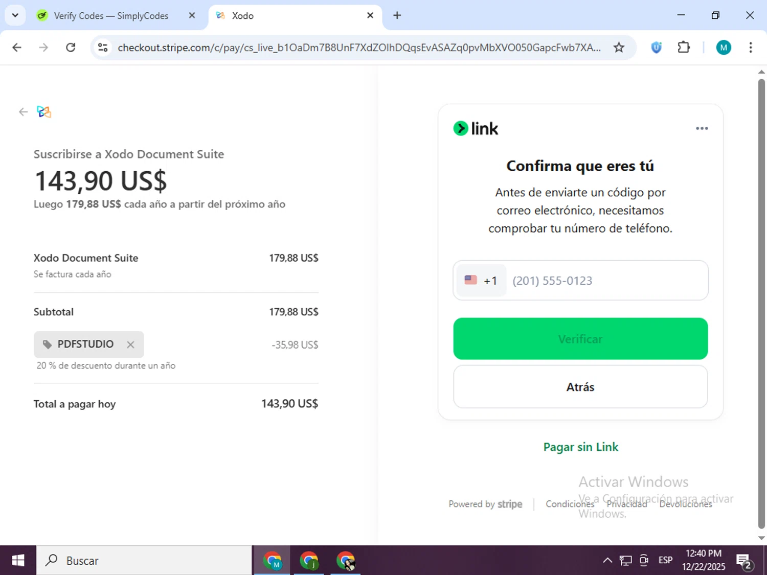 XODO promo code screenshot showing code PDFSTUDIO applied at XODO checkout page. Uploaded by SimplyCodes community member estrellaveloz on Dec 22, 2025
