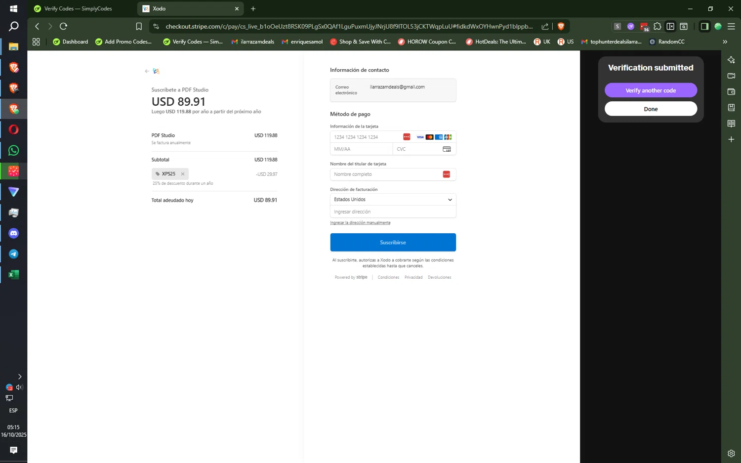 XODO promo code screenshot showing code XPS25 applied at XODO checkout page. Uploaded by SimplyCodes community member SilentNova8472 on Oct 16, 2025