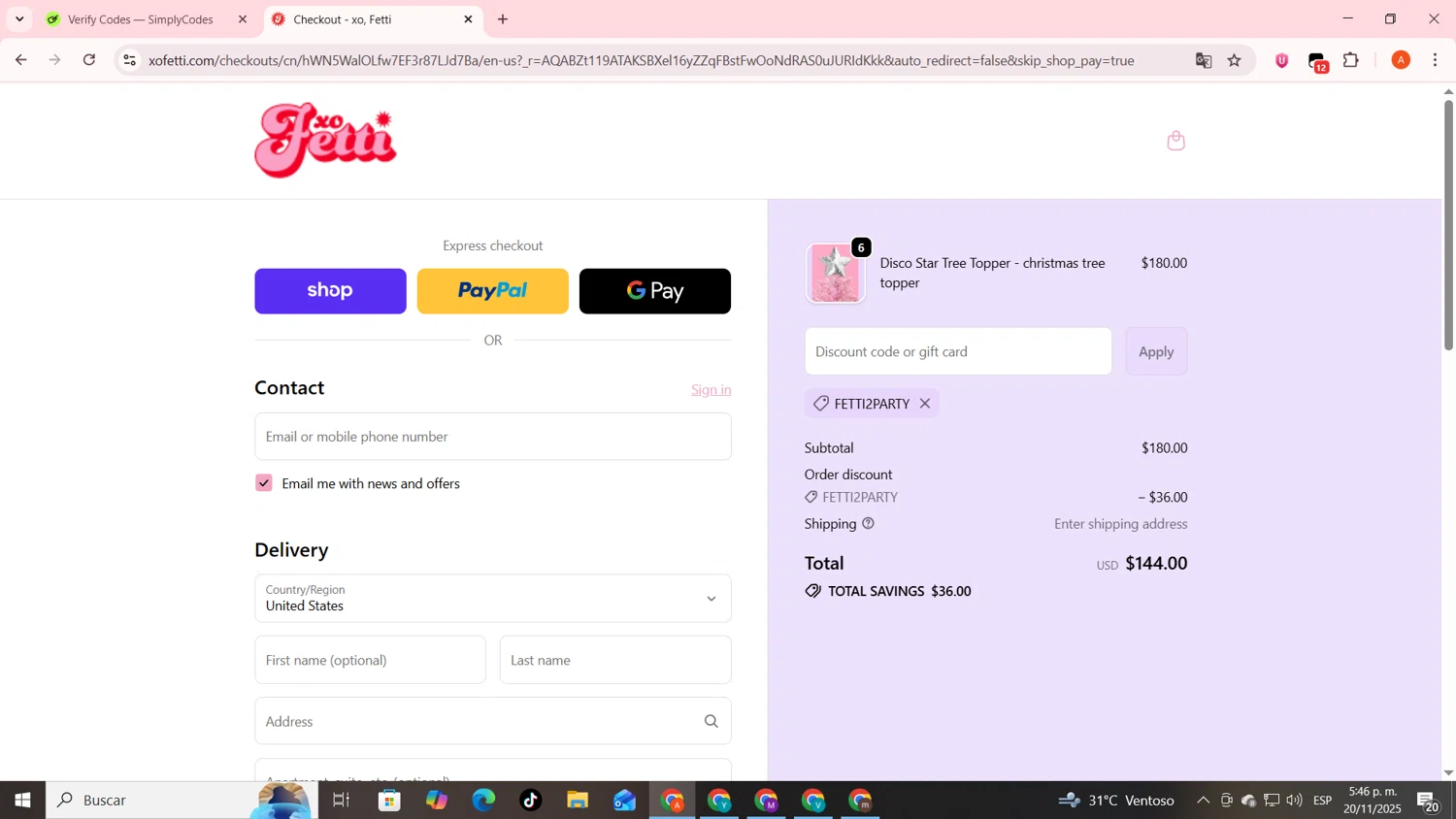 xo, Fetti discount code screenshot showing code FETTI2PARTY applied at xo, Fetti checkout page. Uploaded by SimplyCodes community member FrugalSentinel6206 on Nov 20, 2025