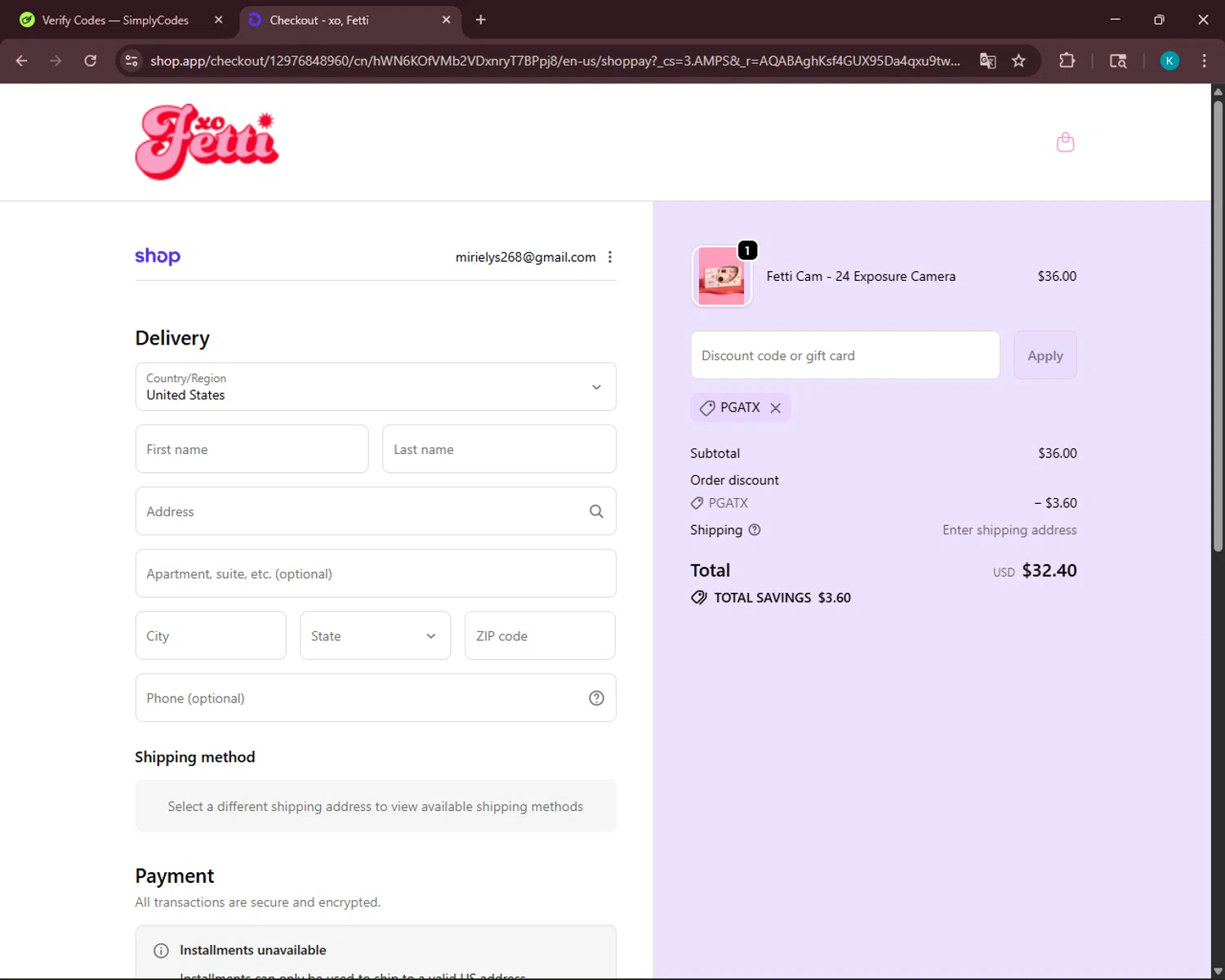 xo, Fetti discount code screenshot showing code PGATX applied at xo, Fetti checkout page. Uploaded by SimplyCodes community member VoucherSleuth3236 on Dec 12, 2025