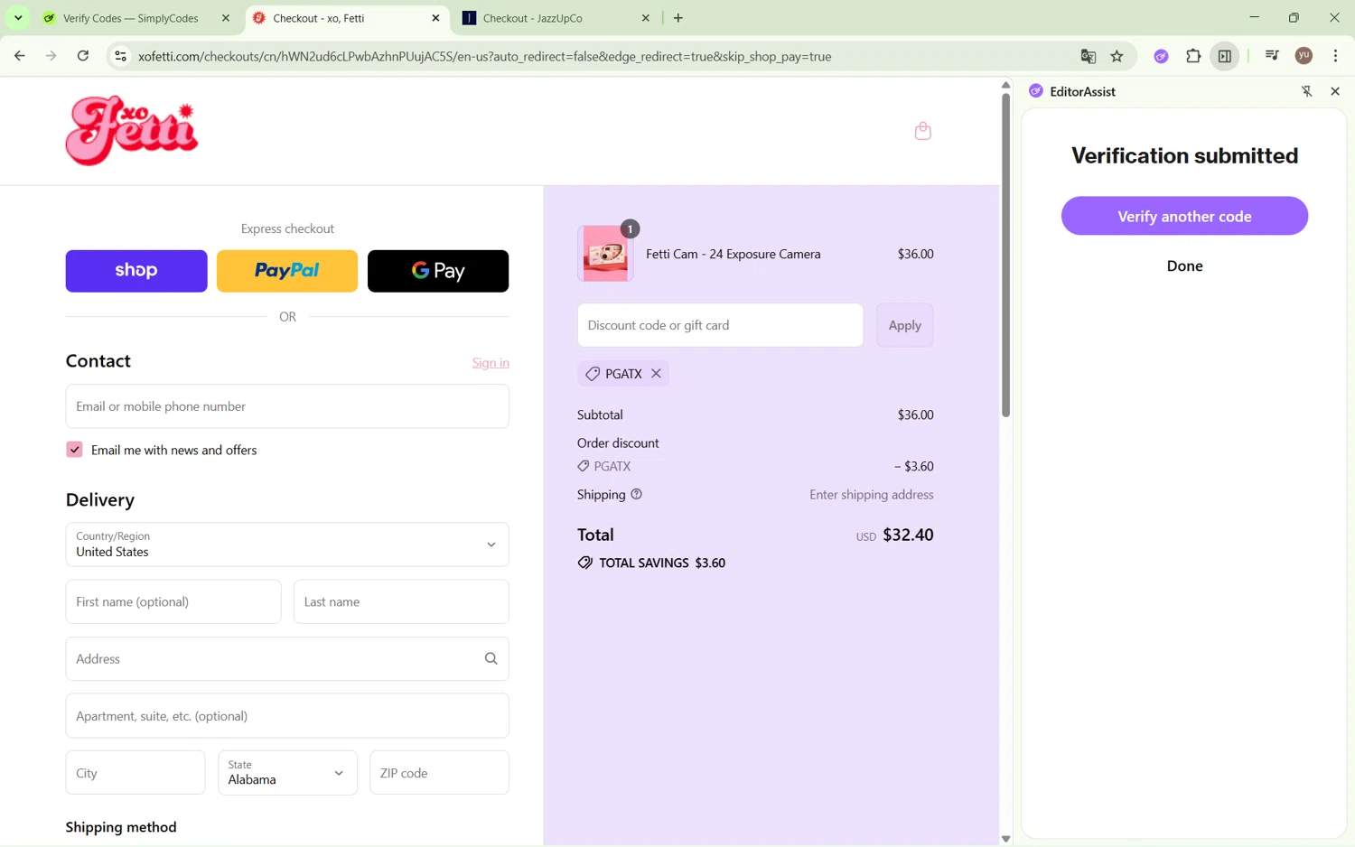 xo, Fetti discount code screenshot showing code PGATX applied at xo, Fetti checkout page. Uploaded by SimplyCodes community member Yuyu12 on Sep 13, 2025