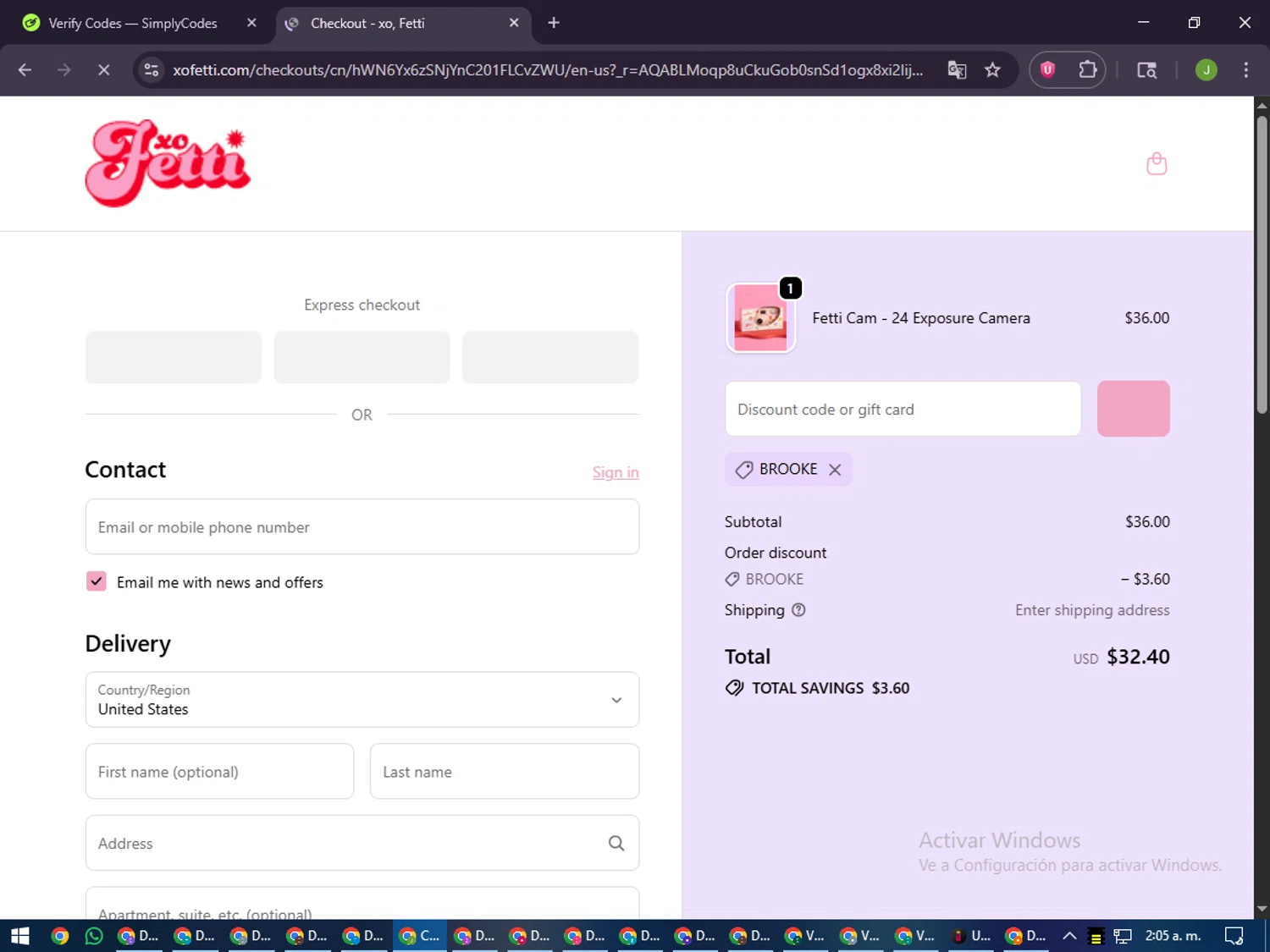 xo, Fetti discount code screenshot showing code BROOKE applied at xo, Fetti checkout page. Uploaded by SimplyCodes community member LilBaby on Dec 18, 2025