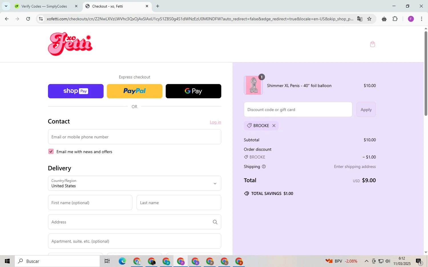 xo, Fetti discount code screenshot showing code BROOKE applied at xo, Fetti checkout page. Uploaded by SimplyCodes community member CleverSpotter6431 on Mar 11, 2025
