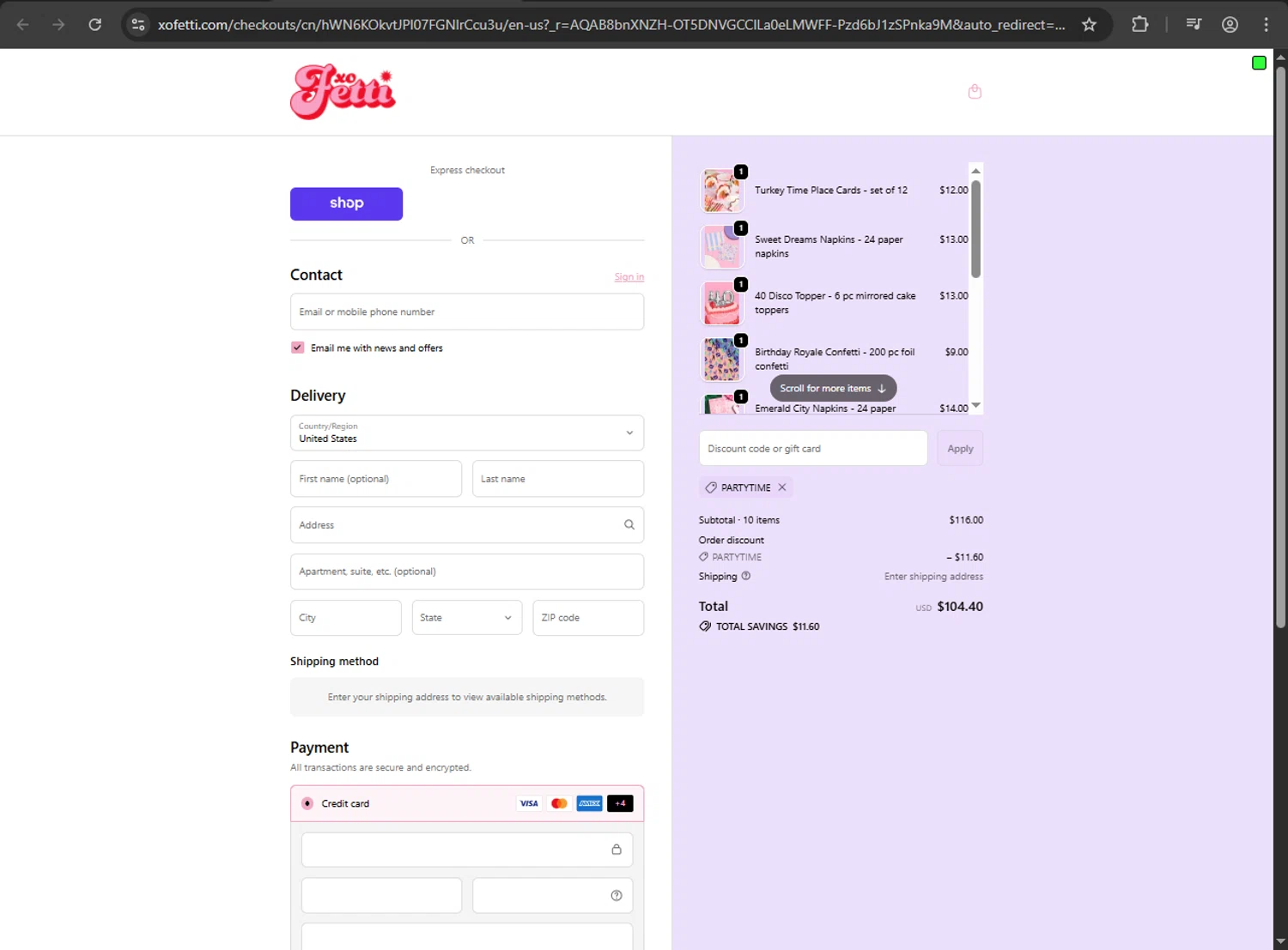 xo, Fetti discount code screenshot showing code partytime applied at xo, Fetti checkout page. Uploaded by SimplyCodes community member kaiser2 on Dec 12, 2025