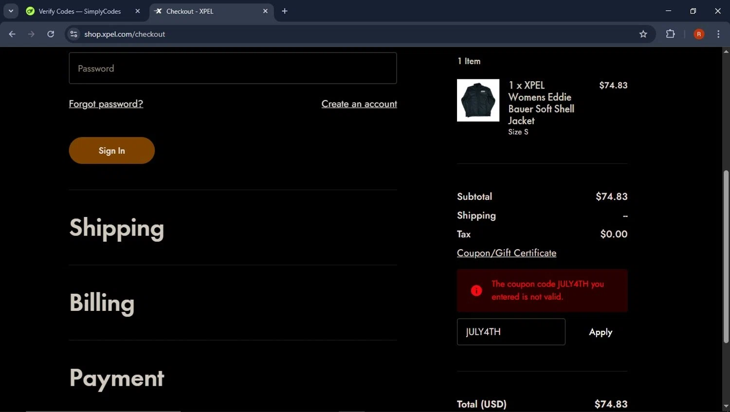 Xpel.com promo code screenshot showing code JULY4TH applied at Xpel.com checkout page. Uploaded by SimplyCodes community member CoinPro7401 on Apr 1, 2025