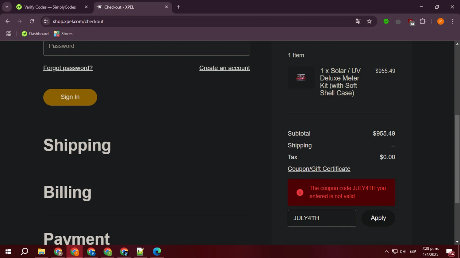 Xpel.com promo code screenshot showing code JULY4TH applied at Xpel.com checkout page. Uploaded by SimplyCodes community member ValiantLegend7294 on Apr 1, 2025