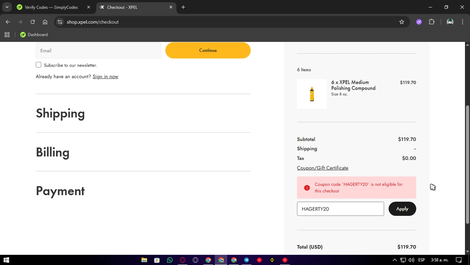 Xpel.com promo code screenshot showing code HAGERTY20 applied at Xpel.com checkout page. Uploaded by SimplyCodes community member Franyer on Nov 2, 2025