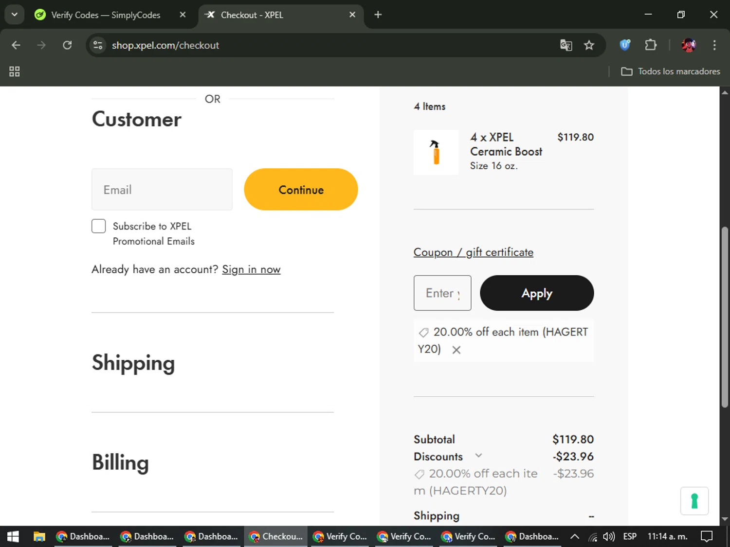 Xpel.com checkout page showing Xpel.com promo code box | Screenshot taken by SimplyCodes community member on Feb 21, 2026