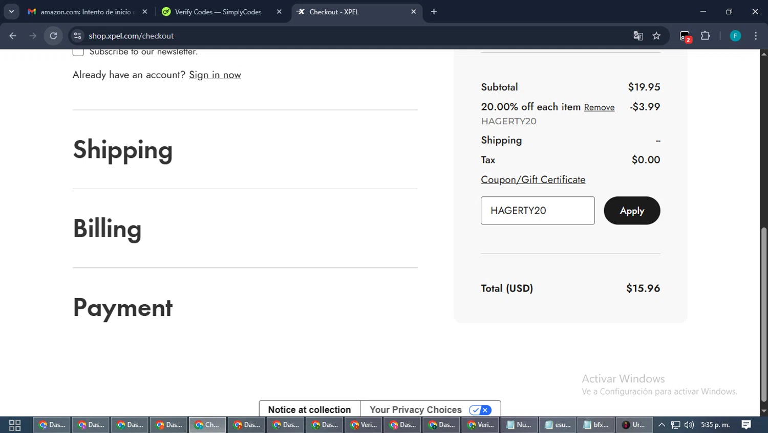 Xpel.com promo code screenshot showing code HAGERTY20 applied at Xpel.com checkout page. Uploaded by SimplyCodes community member ShrewdTitan3233 on Nov 10, 2025