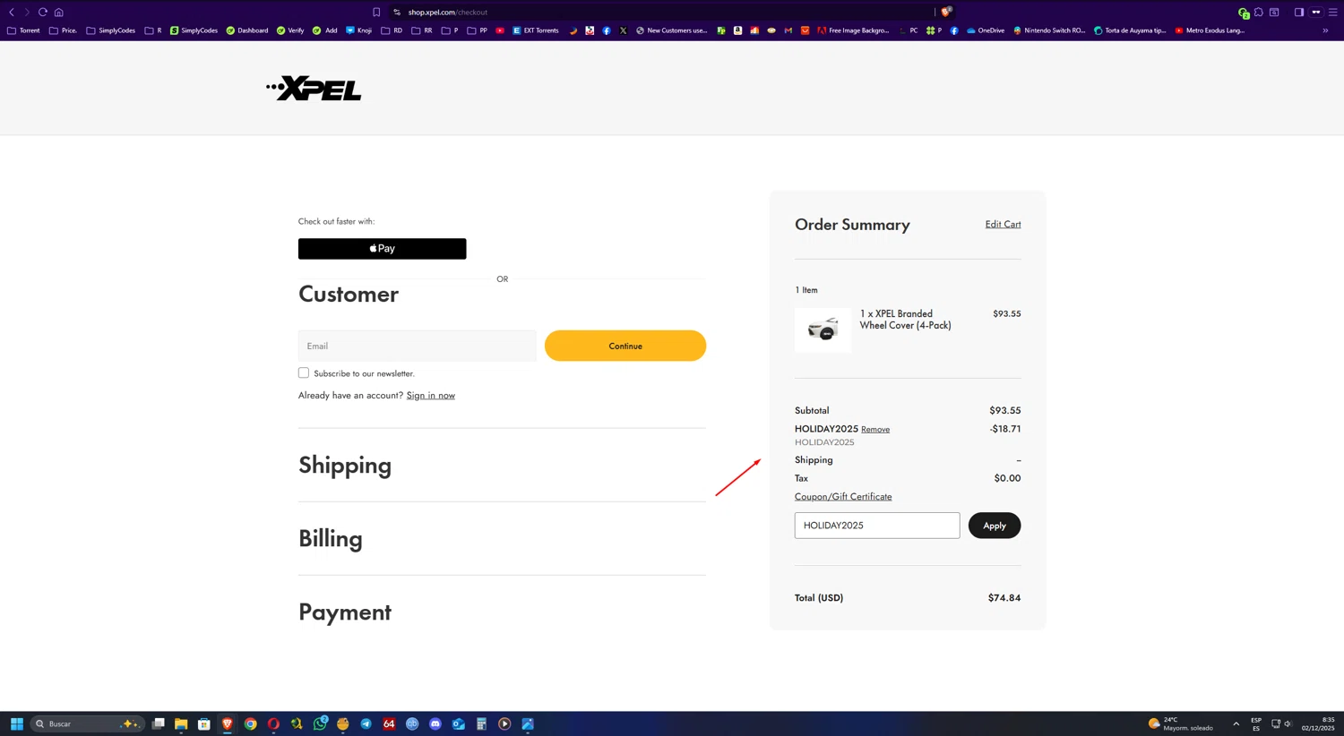 Xpel.com promo code screenshot showing code HOLIDAY2025 applied at Xpel.com checkout page. Uploaded by SimplyCodes community member UnkNownVnzla on Dec 2, 2025