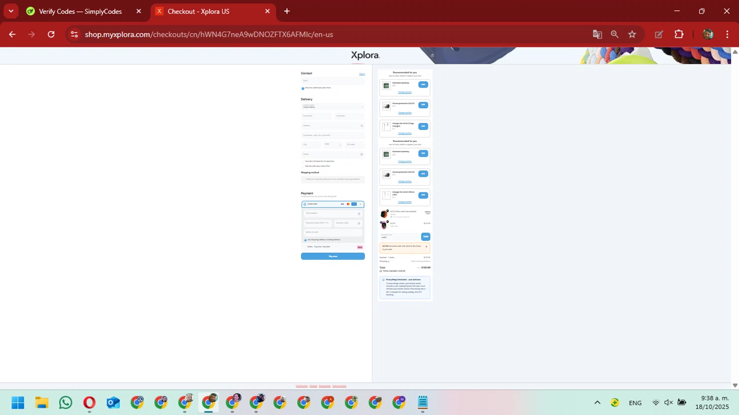 Xplora US promo code screenshot showing code oct50 applied at Xplora US checkout page. Uploaded by SimplyCodes community member David_Gut_Sonic on Oct 18, 2025