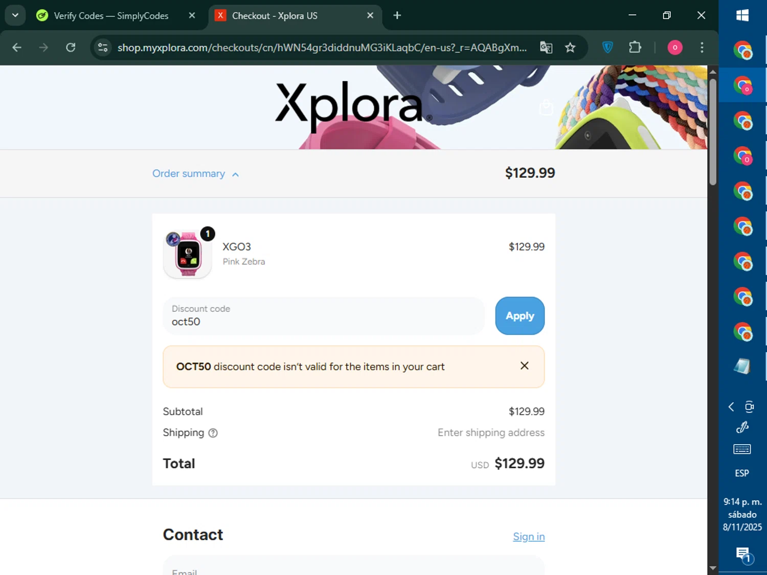Xplora US promo code screenshot showing code oct50 applied at Xplora US checkout page. Uploaded by SimplyCodes community member RebateNavigator926 on Nov 9, 2025
